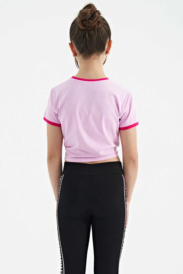 Tommylife Toptan Pembe Baskı Detaylı O Yaka Çok Renkli Bağlama Detaylı Kız Çocuk T-Shirt - 75113