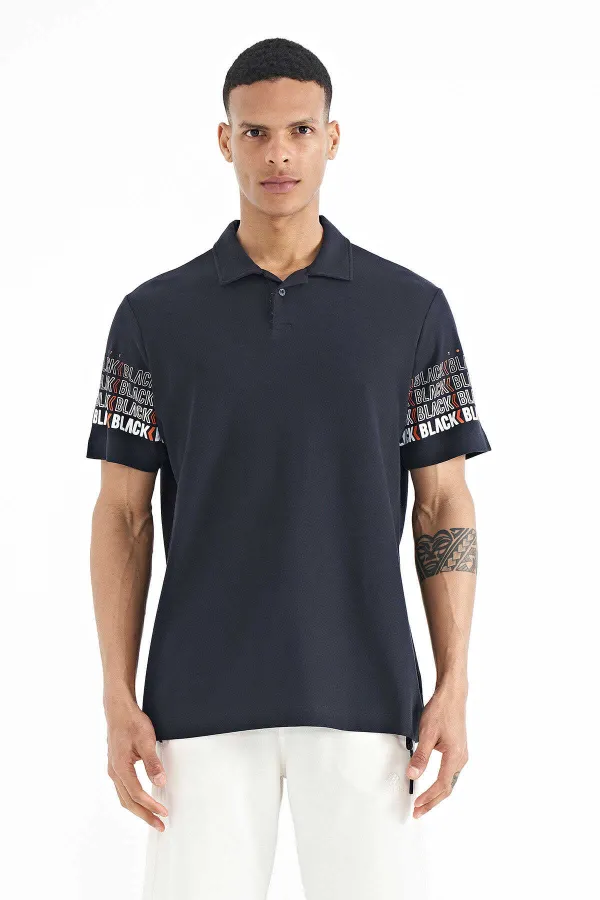 T-shirt homme Tommylife en gros, bleu marine, manches imprimées, col polo, coupe standard - 88240