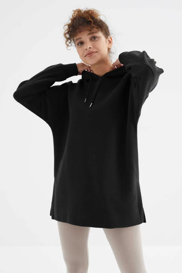 Tommylife Wholesale Black Raglan Sleeve Basic Hooded Oversize Tunic - 97242