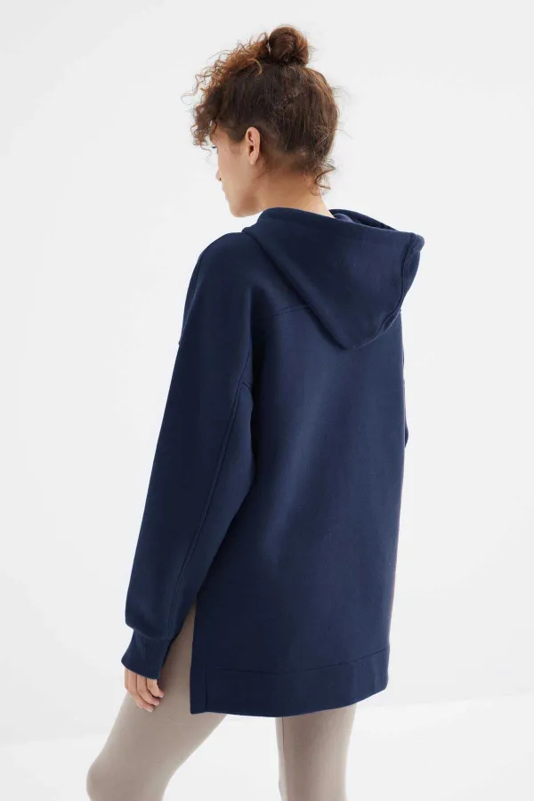 Tommylife Toptan İndigo Reglan Kol Basic Kapüşonlu Oversize Tunik - 97242