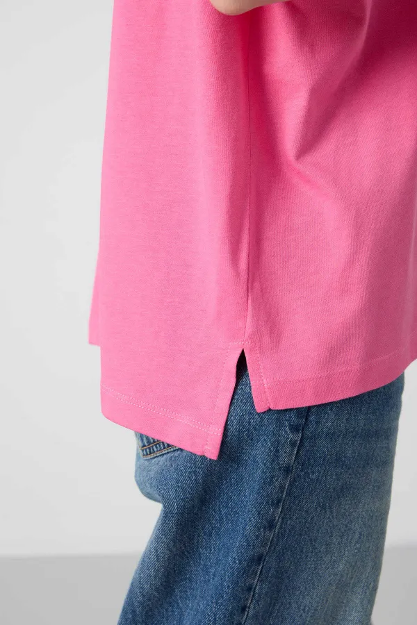 Tommylife Toptan O Yaka Oversize Basic Kadın T-Shirt 97285 Rose