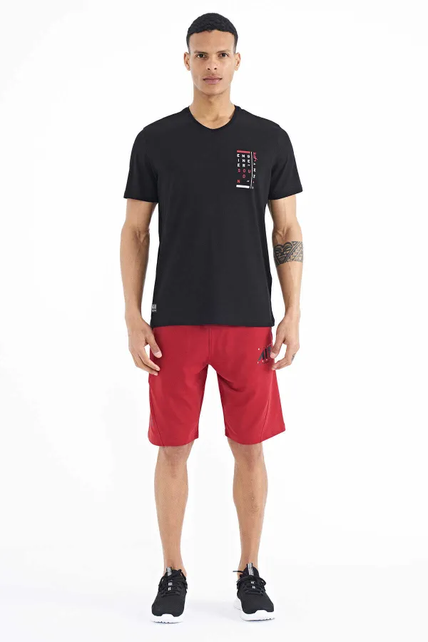 Tommylife Wholesale Black Print Detail V-Neck Standard Fit Men's T-Shirt - 88186
