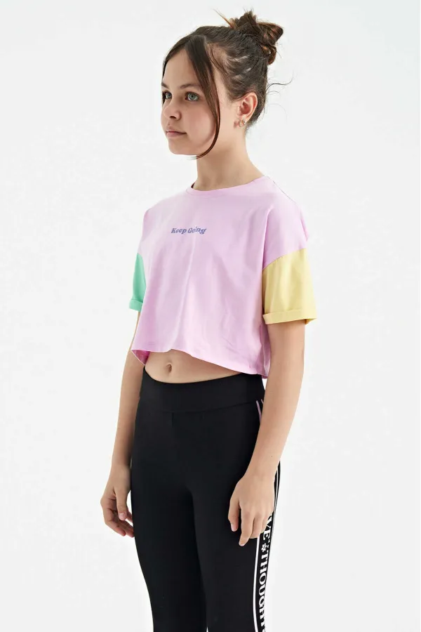 Tommylife Toptan Pembe Yazı Baskılı O Yaka Düşük Omuzlu Oversize Kız Çocuk T-Shirt - 75130