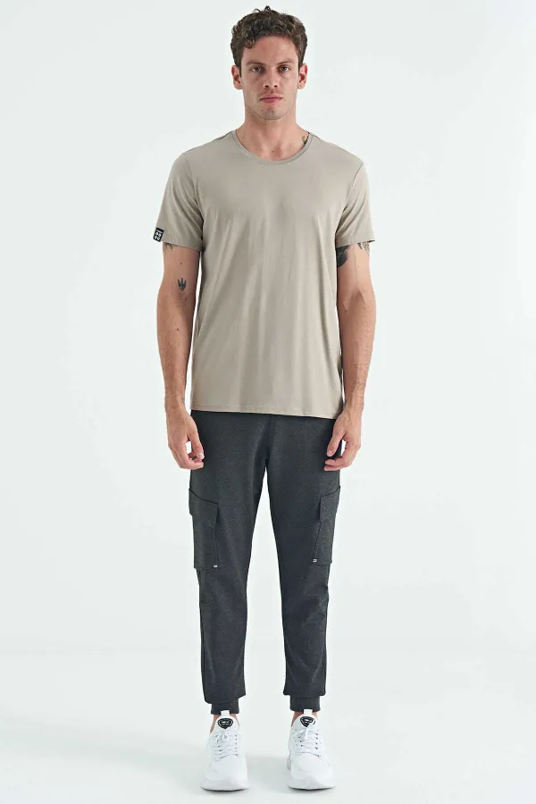 Tommylife Toptan O Yaka Standart Kalıp Basic Erkek T-Shirt 87911 Koyu Bej