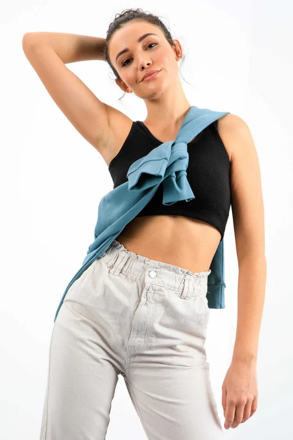 Tommylife Wholesale Black Basic Sleeveless Slim Fit U-Neck Women's Crop Top Tank Top - 97160