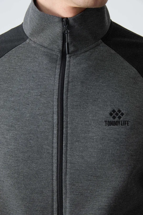 Tommylife Toptan Rahat Kalıp Dik Yaka Klasik Paça Erkek Eşofman Takımı 85113 Antrasit - Siyah