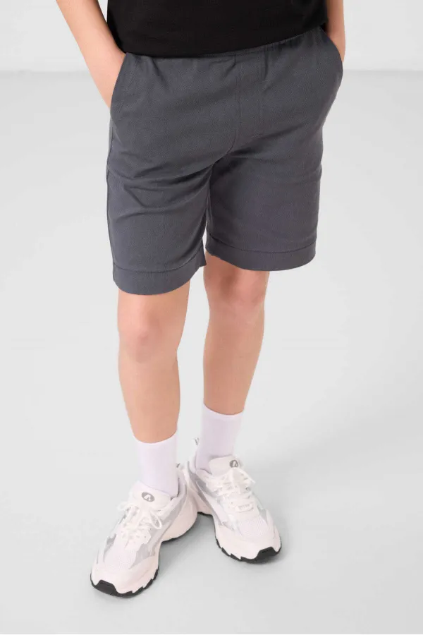 Tommylife Toptan Pamuklu Oversize Fit Dokuma Hafif Esnek Chino Erkek Çocuk Şort Takım 11278 Siyah-Gri