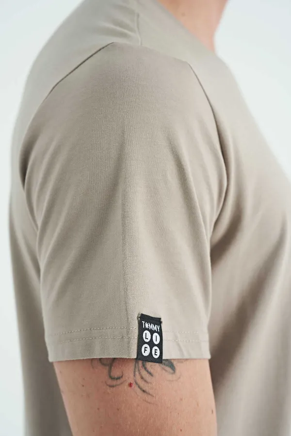 Tommylife Toptan O Yaka Standart Kalıp Basic Erkek T-Shirt 87911 Koyu Bej