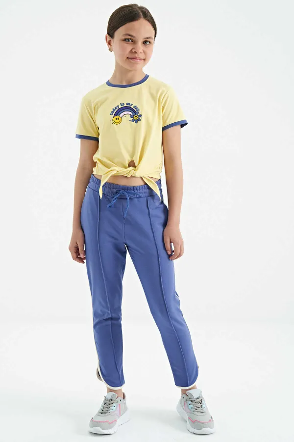 Tommylife Toptan Sarı Baskı Detaylı O Yaka Çok Renkli Bağlama Detaylı Kız Çocuk T-Shirt - 75113