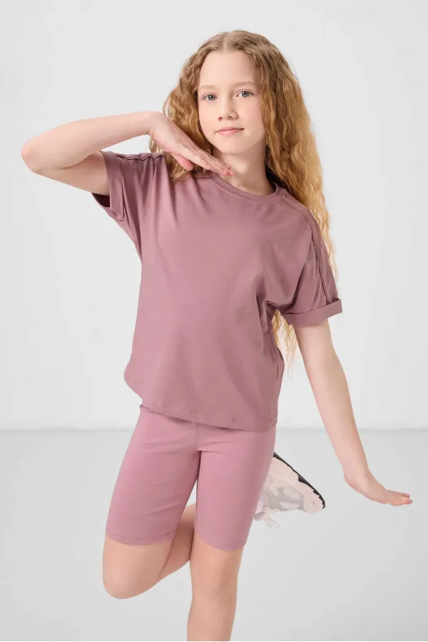 Tommylife Toptan Pamuklu O Yaka Oversize Fit Basic Kız Çocuk T Shirt 75182 Gül Kurusu