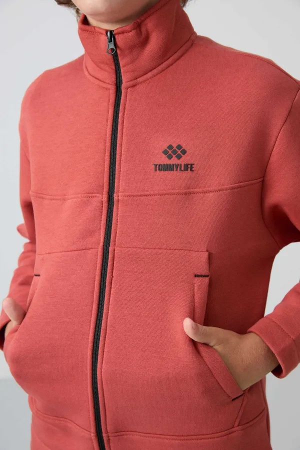 Tommylife Toptan Garson Boy Dik Yaka Standart Kalıp Basic Erkek Çocuk Sweatshirt 11245 Kiremit