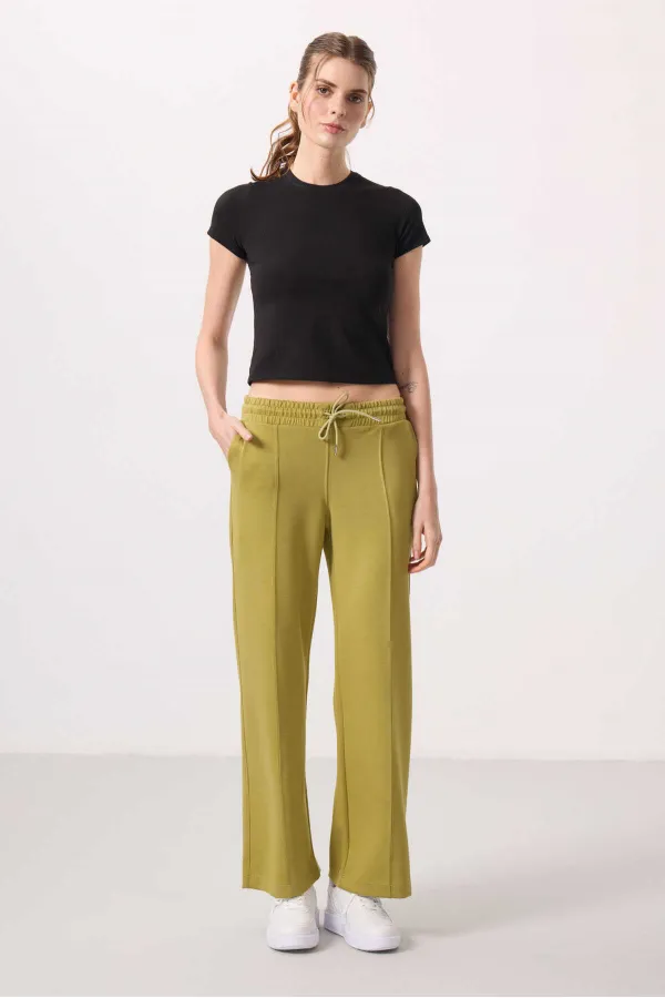 Tommylife Toptan Yumuşak Dokulu Cepli Ön Dikiş Detaylı Kadın Palazzo Pantolon - 94670 Koyu Hardal