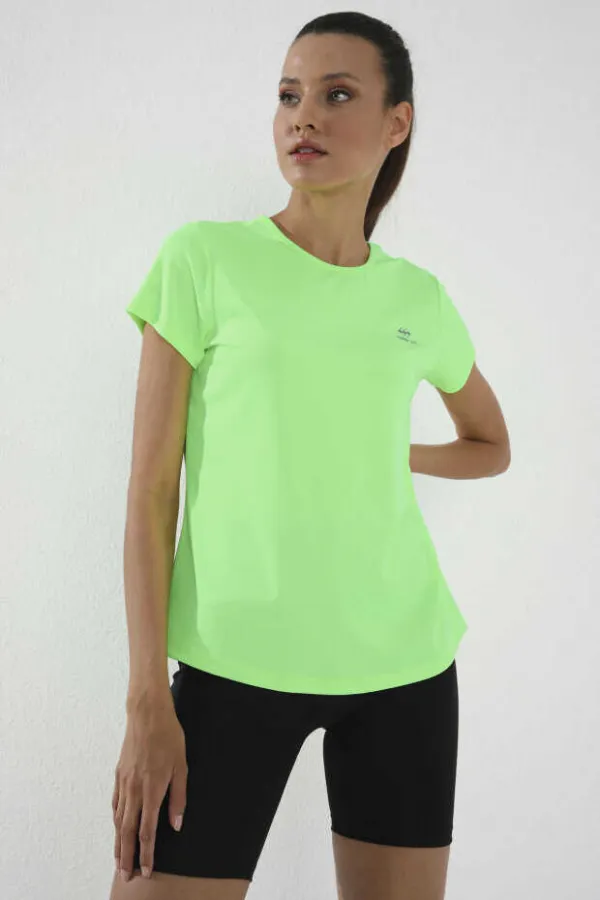 T-shirt Tommylife Wholesale vert fluo basique à manches courtes et col rond pour femme - 97144