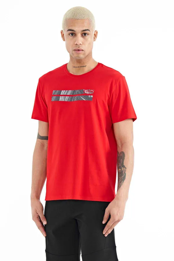T-shirt homme Tommylife Wholesale à col Peter Pan, coupe standard, imprimé, rouge, référence 88204