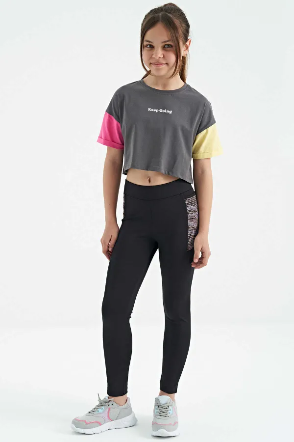 Tommylife Wholesale Dark Grey Printed Crew Neck Dropped Shoulder Oversize Girls' T-Shirt - 75130