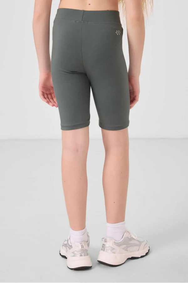 Tommylife Toptan Pamuklu Kısa Paça Standart Fit Basic Kız Çocuk Tayt 75188 Haki