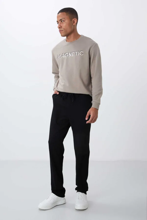Tommylife Toptan Siyah Bağcıklı Cepli Standart Kalıp Klasik Paça Erkek Eşofman Alt - 84682