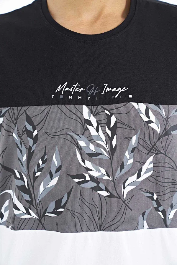 Tommylife Wholesale Black Gradient Print Detail Crew Neck Standard Fit Men's T-Shirt - 88177