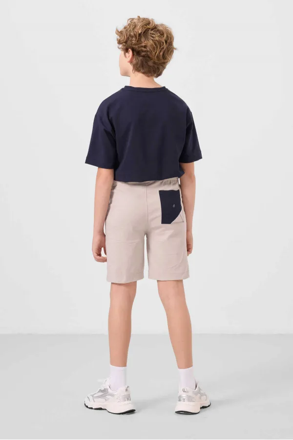 Ensemble short chino garçon Tommylife en coton stretch léger, coupe oversize, taille 11278, bleu marine-pierre