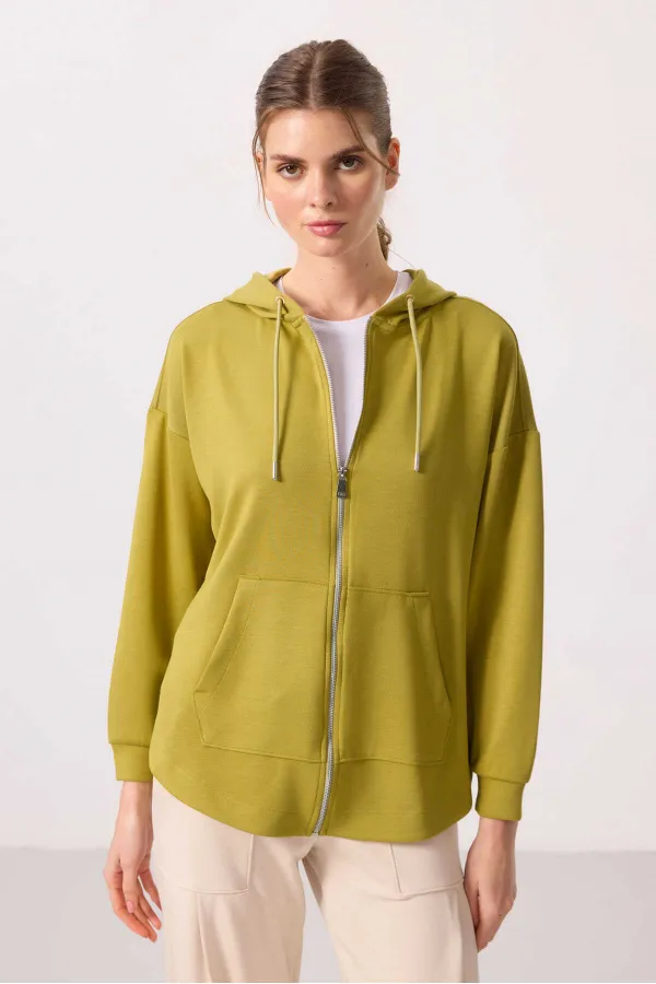 Tommylife Toptan Yumuşak Dokulu Kapüşonlu Oversize Kadın Tunik Sweatshirt - 97302 Koyu Hardal