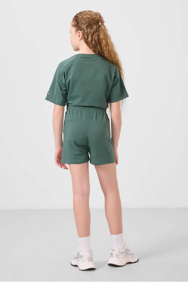 Ensemble short basique pour fille Tommylife, en coton doux texturé, coupe standard, vert clair, réf. 75184