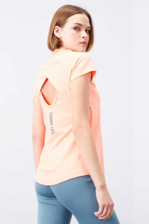 T-shirt femme Tommylife Wholesale Coral Back Window Short Sleeve Standard Fit Crew Neck - 97101