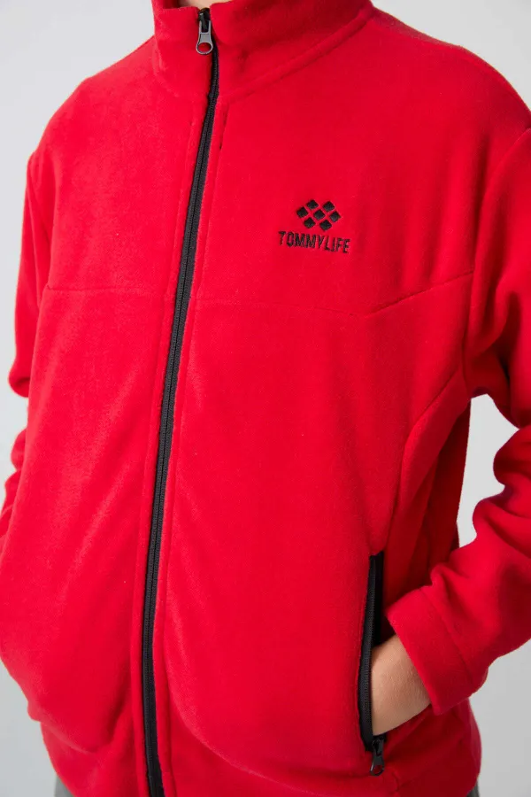Tommylife Toptan Garson Boy Dik Yaka Standart Kalıp Basic Erkek Çocuk Polar Sweatshirt 11223 Kırmızı