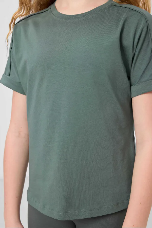 Tommylife Toptan Pamuklu O Yaka Oversize Fit Basic Kız Çocuk T Shirt 75182 Açık Yeşil