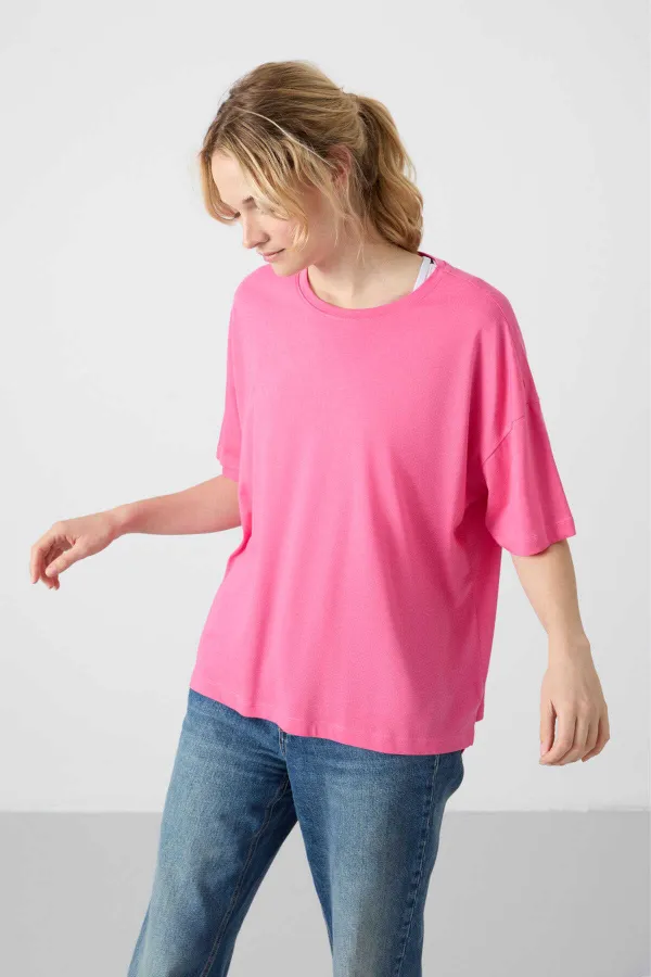 Tommylife Toptan O Yaka Oversize Basic Kadın T-Shirt 97285 Rose