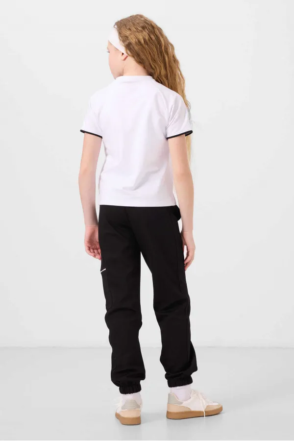 Tommylife Toptan O Yaka Baskılı Lastik Paça Kargo Cepli Kız Çocuk Eşofman Takım 75173 Beyaz Siyah