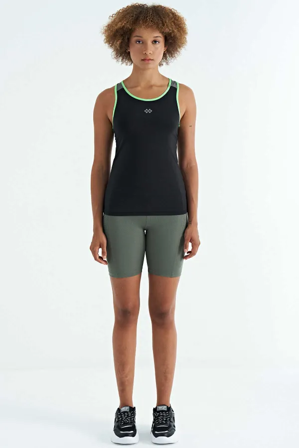 Tommylife Wholesale Black Back Detail Printed Standard Fit Women's Tank Top - 97269