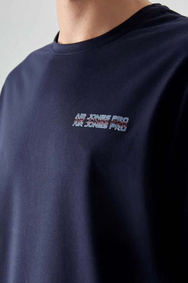 Tommylife Wholesale Crew Neck Oversize Printed Men's T-Shirt 88375 Navy Blue