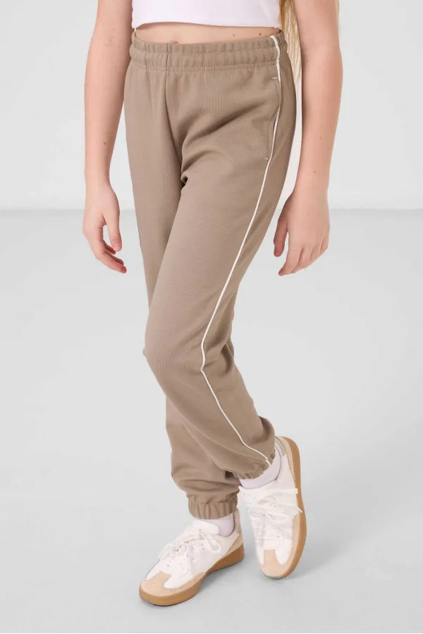 Tommylife Wholesale Crew Neck Printed Elasticated Hem Standard Fit Girls' Tracksuit Set 75186 Ecru Dark Beige