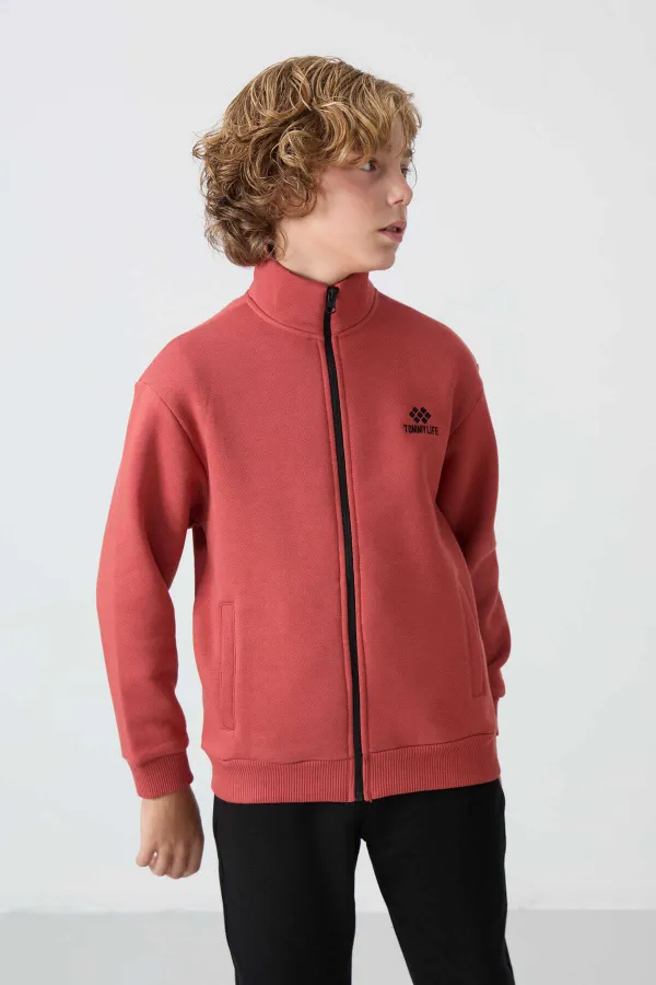 Tommylife Toptan 7-15 Yaş Dik Yaka Erkek Çocuk Eşofman Takımı 11256 Kiremit - Siyah