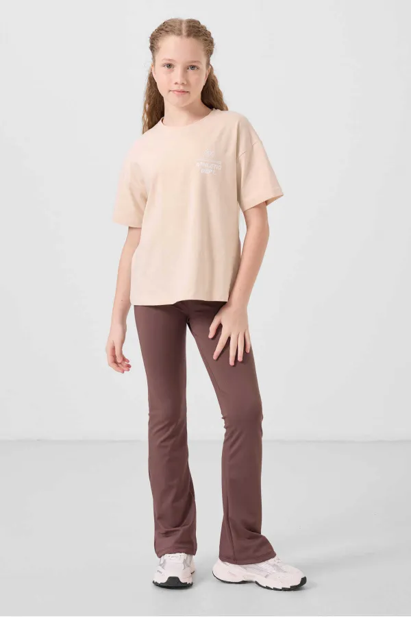 Tommylife Toptan Esnek Standart Fit Basic Performans İspanyol Paça Kız Çocuk Tayt 75193 Kahverengi
