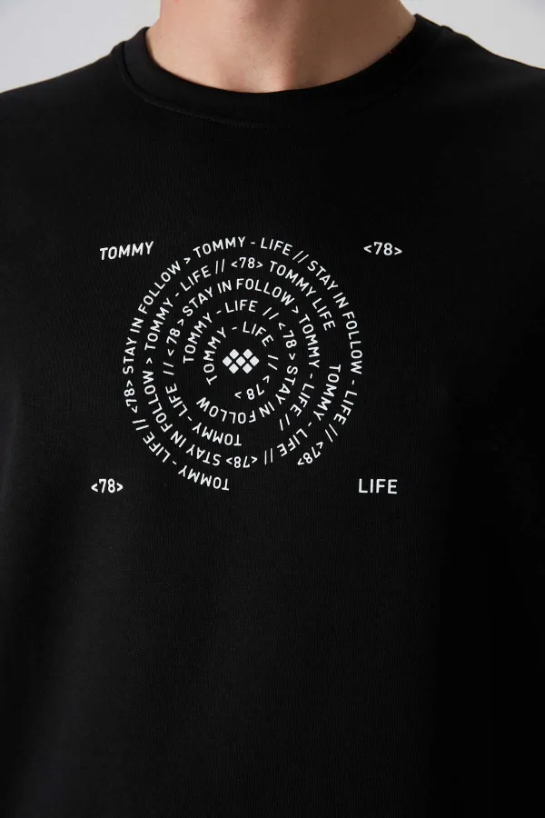 Tommylife Wholesale Crew Neck Oversize Printed Men's T-Shirt 88324 Black - White