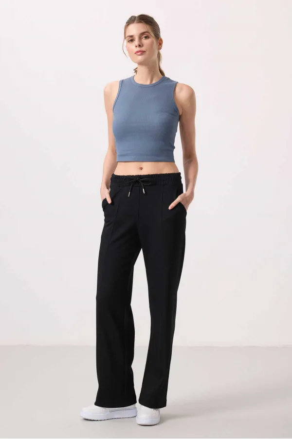 Tommylife Toptan Yumuşak Dokulu Cepli Ön Dikiş Detaylı Kadın Palazzo Pantolon - 94670 Siyah