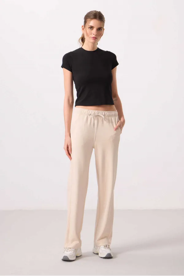 Pantalon palazzo à jambes larges pour femme Tommylife Wholesale, texture douce, avec empiècements latéraux - 94669 Beige