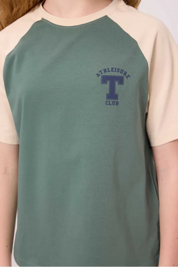 Tommylife Wholesale Crew Neck Cotton Printed Oversize Fit Girls' T-Shirt 75179 Light Green