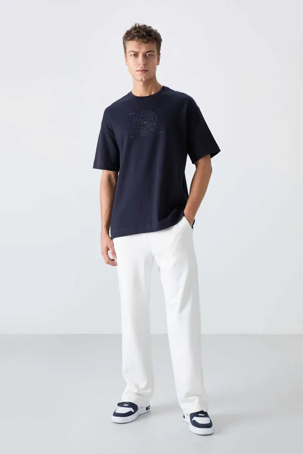 Tommylife Toptan O Yaka Oversize Baskılı Erkek T-Shirt 88324 Lacivert