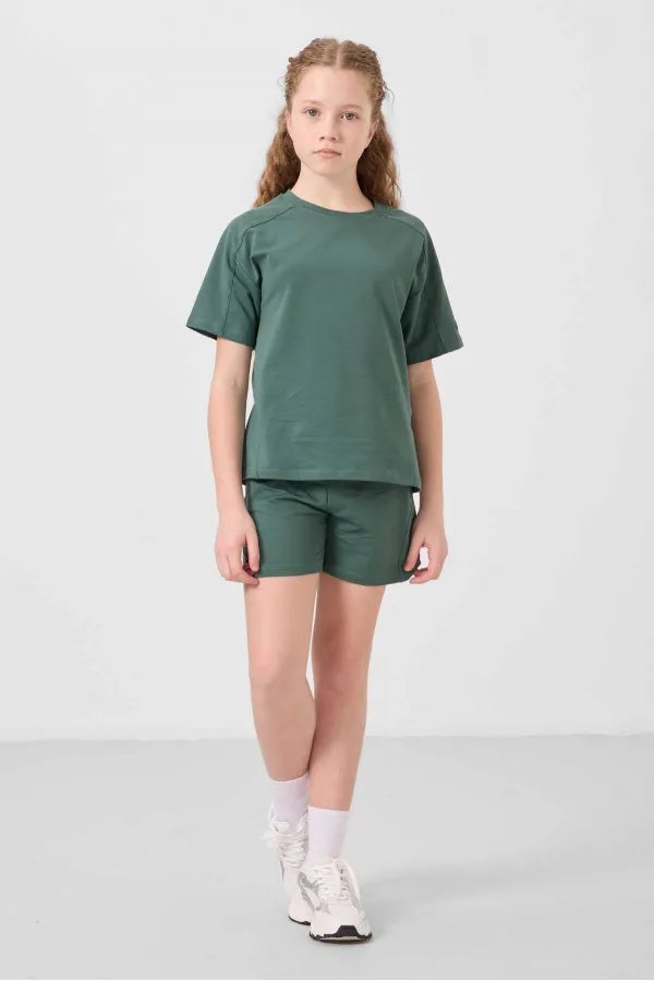 Ensemble short basique pour fille Tommylife, en coton doux texturé, coupe standard, vert clair, réf. 75184