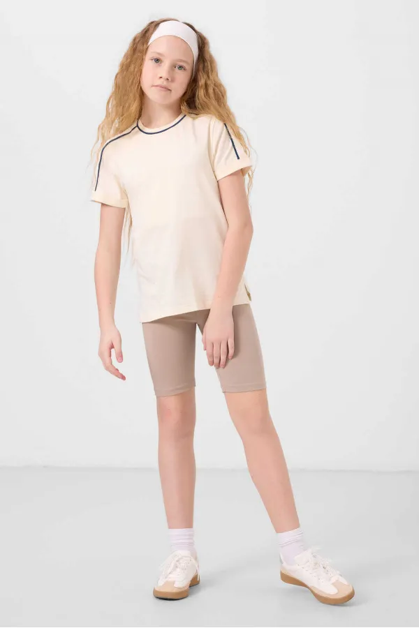 Tommylife Toptan Pamuklu O Yaka Oversize Fit Baskılı Kız Çocuk T Shirt 75177 Ekru