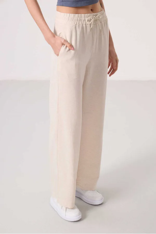 Tommylife Toptan Keten Geniş Paça Rahat Form Kadın Palazzo Pantolon - 94675 Natür