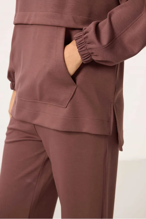 Ensemble tunique de survêtement à capuche oversize pour femme Tommylife, texture douce, vente en gros - 95348 Marron