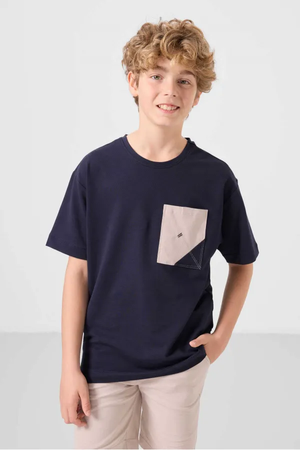 Ensemble short chino garçon Tommylife en coton stretch léger, coupe oversize, taille 11278, bleu marine-pierre