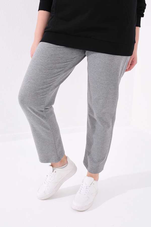 Tommylife Toptan Gri Melanj Klasik Paça Taş Detaylı Kadın Büyük Beden Eşofman Alt - 94040