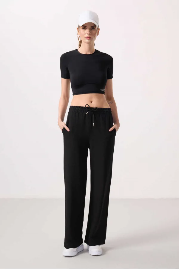 Tommylife Toptan Keten Geniş Paça Rahat Form Kadın Palazzo Pantolon - 94675 Siyah