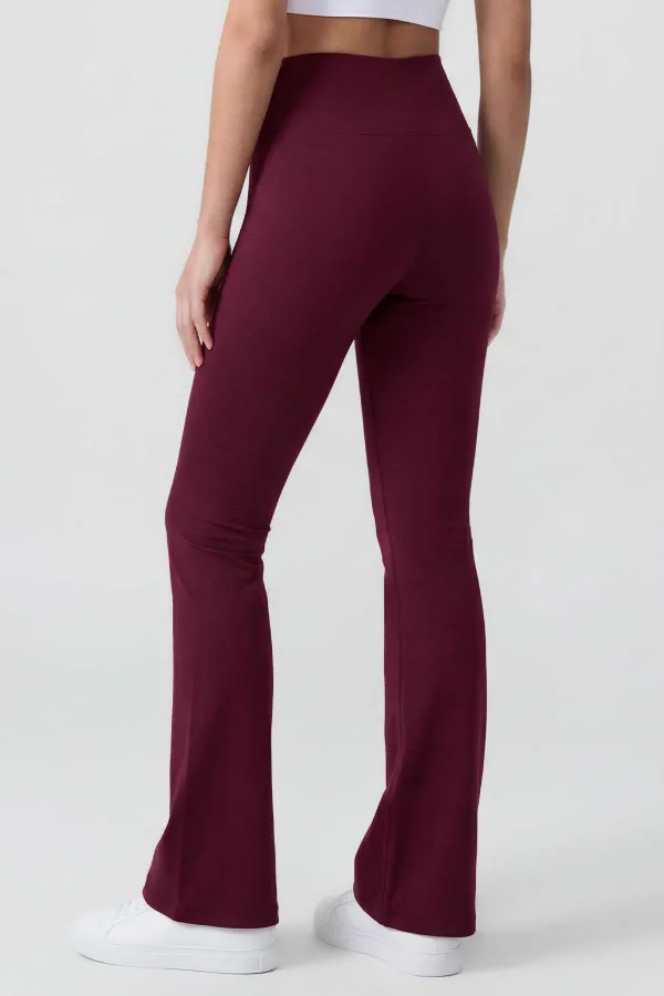 Tommylife Toptan Bordo Esnek Yüksek Bel Spor Performans Kadın İspanyol Paça Tayt - 94686