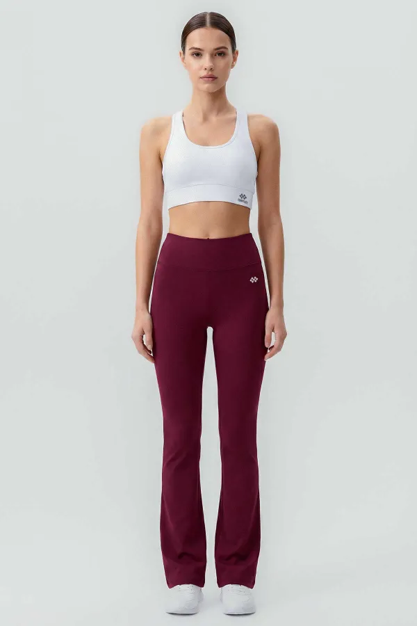 Tommylife Toptan Bordo Esnek Yüksek Bel Spor Performans Kadın İspanyol Paça Tayt - 94686