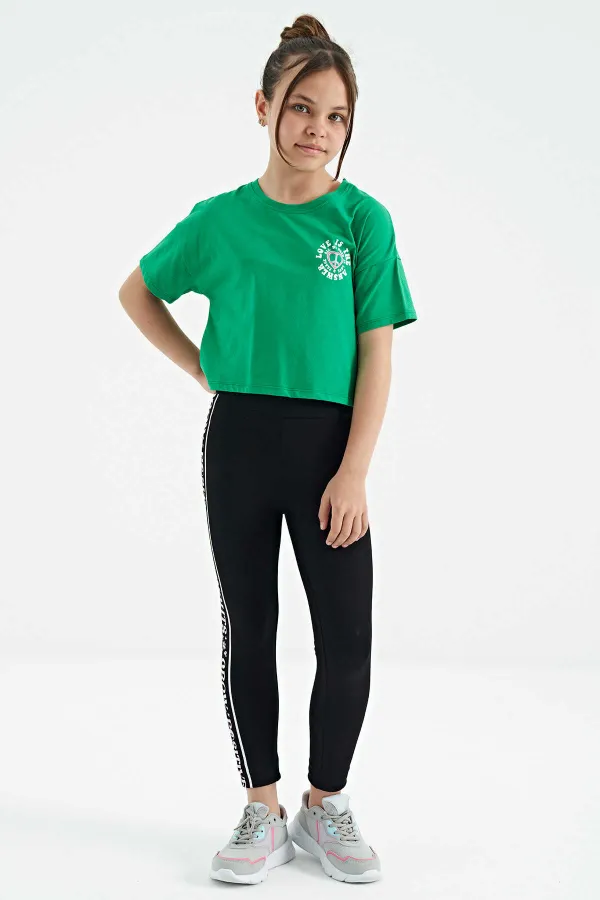 Tommylife Toptan Yeşil Ön Arka Baskılı O Yaka Düşük Omuz Oversize Kısa Kollu Kız Çocuk T-Shirt - 75126